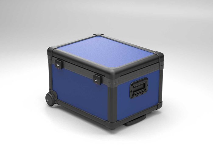 Charging transport case with dividers for 16 tablets, blue