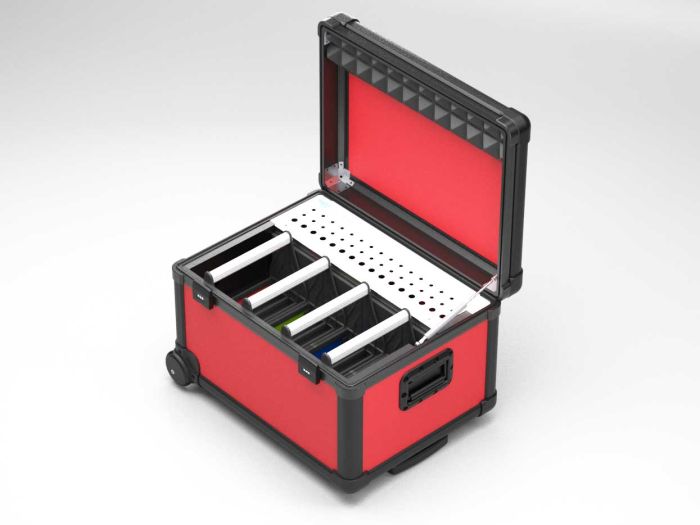 Charging transport case for 16 tablets with baskets, red