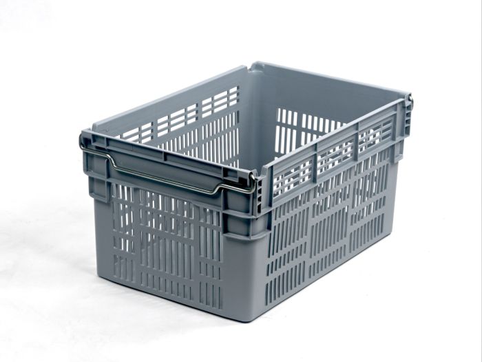 Bale arm crate 60L, 600x400x310 mm, closed bottom and perforated walls, grey
