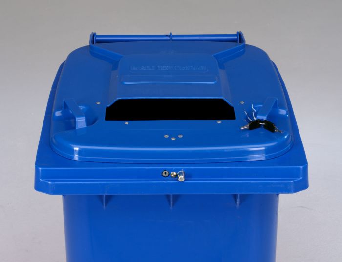 Wheelie bin 240L, with automatic lock, paper slit and chute, blue