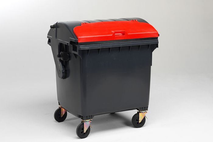 1100 liter afvalcontainer grijs met rood roldeksel